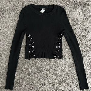 Forever 21 Ribbed Black Lace Up Scoop Neck Long Sleeve Top Size Large